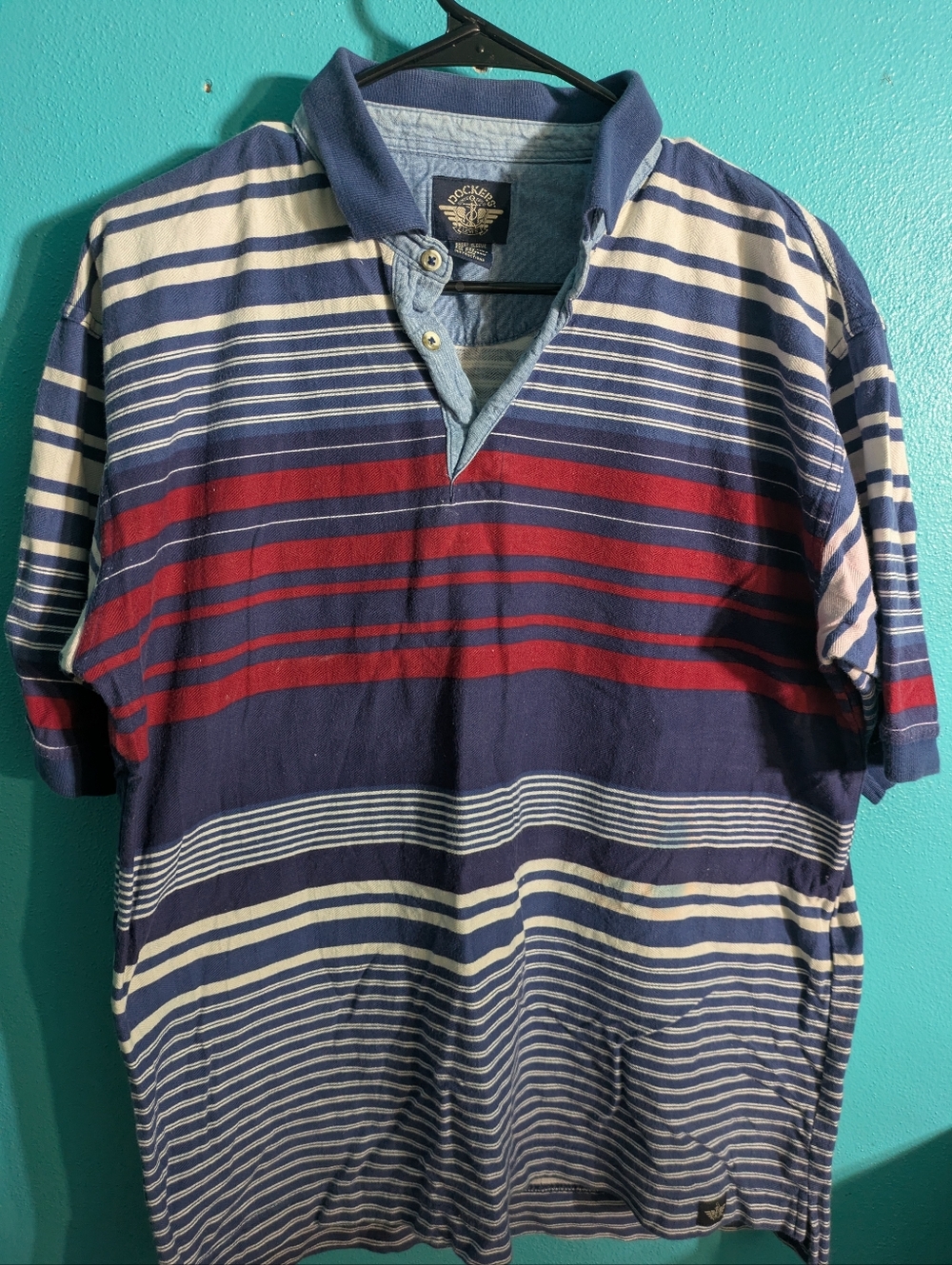 Vintage 90s/Y2K Dockers Striped Polo - Red White Blue Denim Collar
